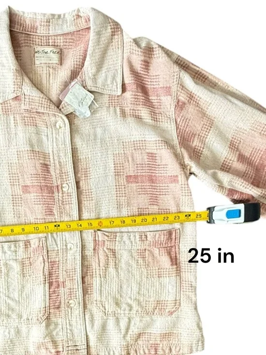 Free People Shirt Women L Beige Pink Plaid Button Up Long Sleeve - Picture 7 of 10